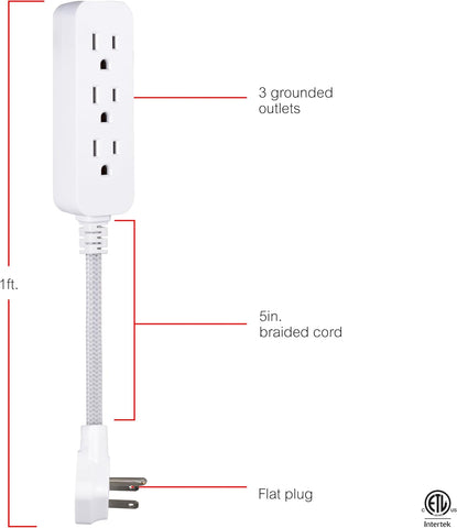 GE 3-Outlet Power Strip 5 Inch Braided Extension Cord with Multiple Outlets