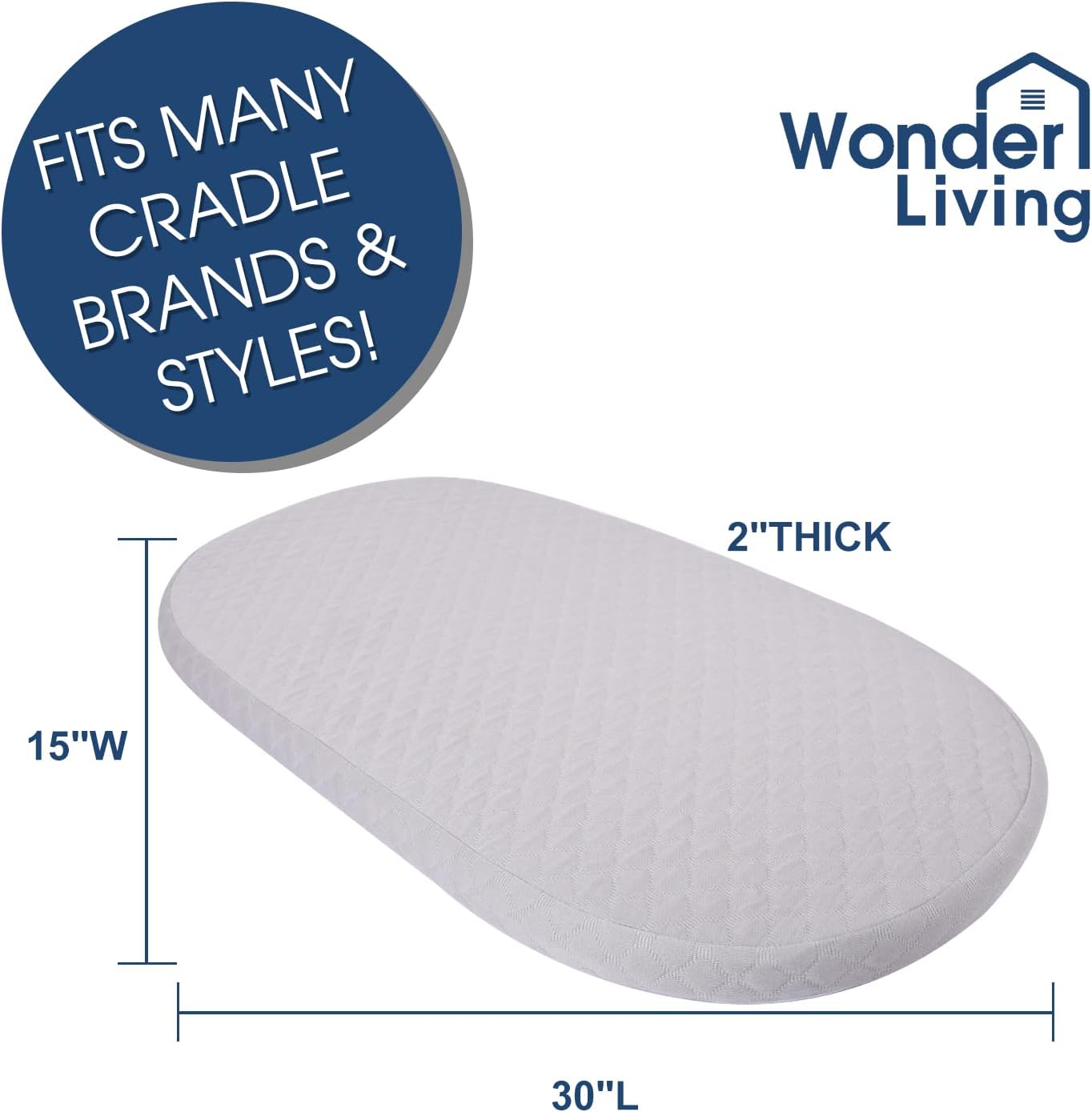 Baby Bassinet Mattress Compatible with Dream On Me/Fisher-Price Baby Bedside Sleeper, Breathable, Premium Foam, Oval Shaped with Removal Waterproof Cover,15" x 30" x 2''
