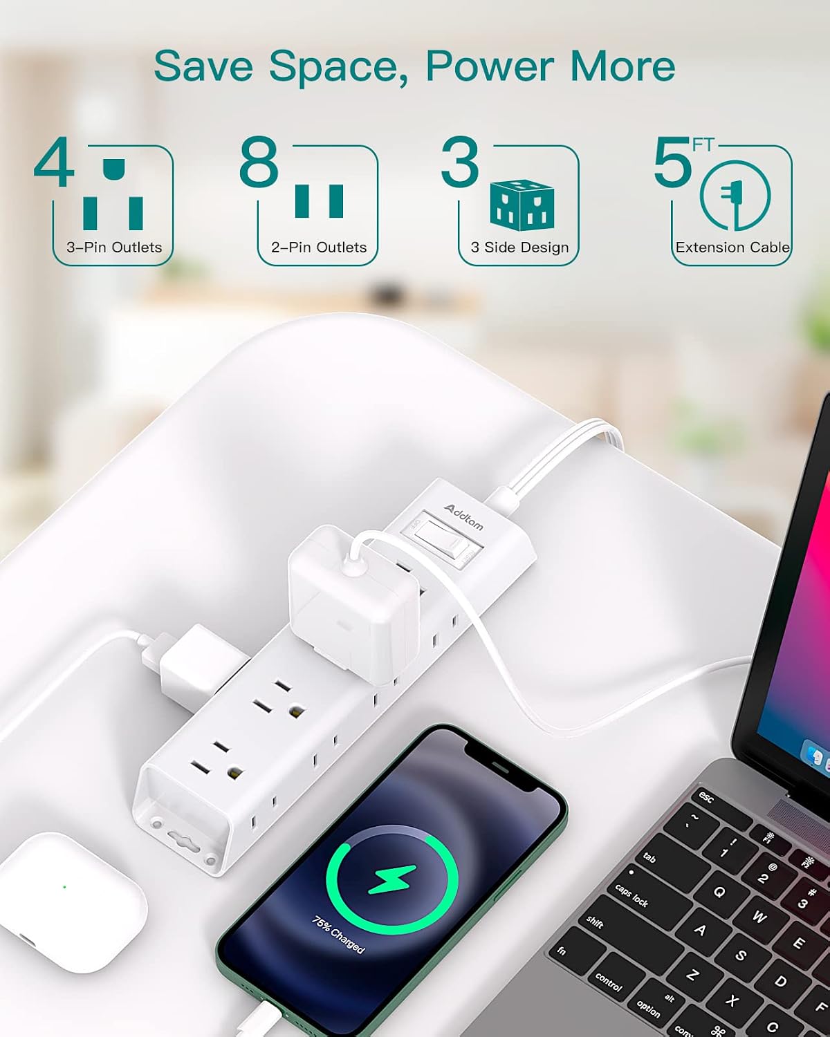 Flat Plug Power Strip, Ultra Thin Flat Extension Cord - 12 Outlets 3 Sides
