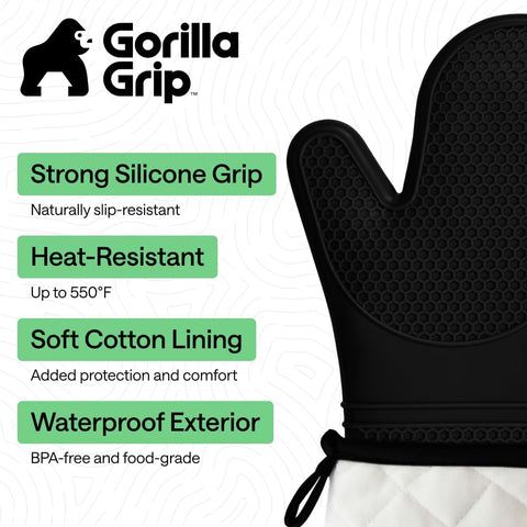 GORILLA GRIP Silicone Oven Mitts, 550F Heat Resistant, 12.5x8.3, Black