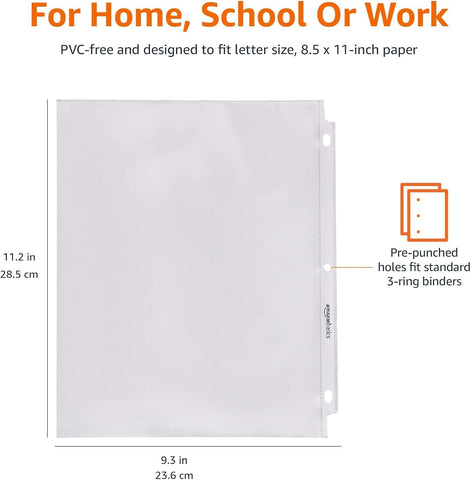 Amazon Basics Sheet Protectors for 3 Ring Binder, Lightweight, Acid-Free, Clear Plastic Sleeves, Letter Size, 8.5 x 11 Inch, 100-Pack