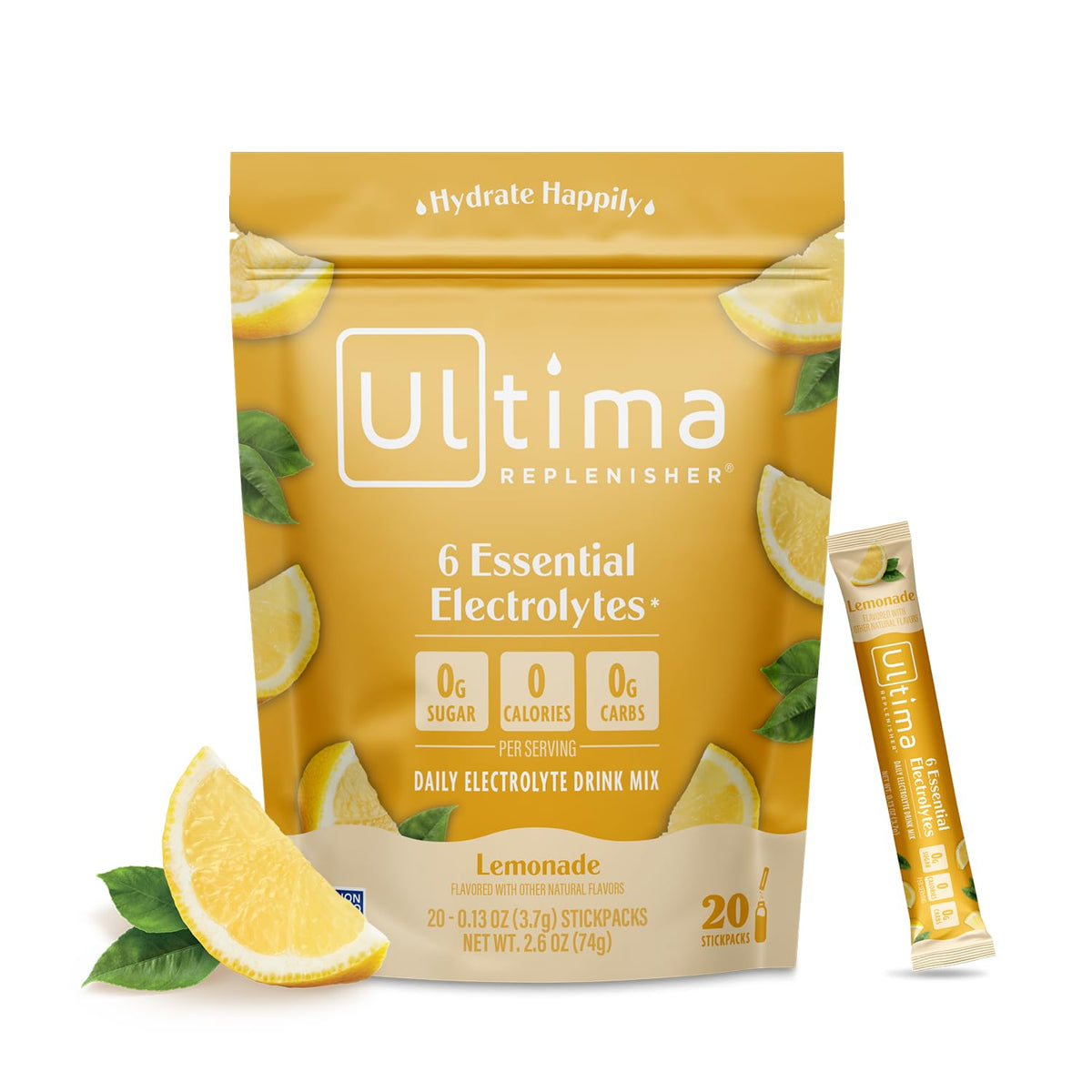 Ultima Replenisher Daily Electrolyte Drink Mix – Lemonade, 20 Stickpacks – Hydration Packets with 6 Key Electrolytes & Trace Minerals – Keto Friendly, Vegan, Non-GMO & Sugar-Free Electrolyte Powder