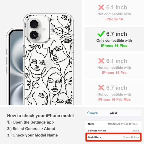 MOSNOVO Case for iPhone 16 Plus, [Buffertech 6.6ft Military-Grade Drop Protection] [Anti Peel Off Tech] Clear TPU Bumper Phone Case Cover Design - Abstract Face Line Art