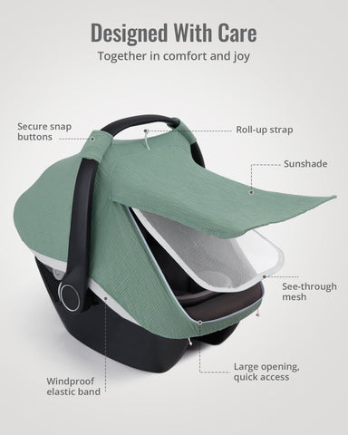 Blissful Diary Muslin Baby Car Seat Cover, Infant Canopy, Roman Green