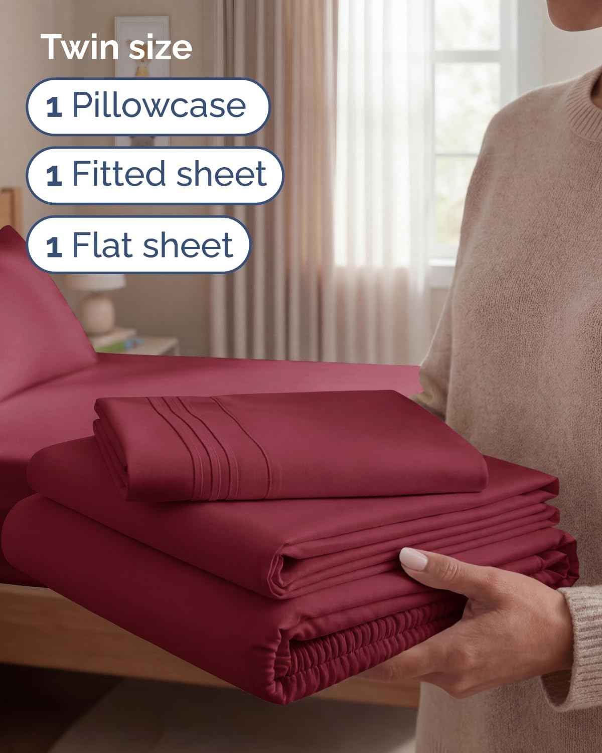 Twin Size 3 Piece Sheet Set - Comfy Breathable & Cooling Sheets - Burgundy