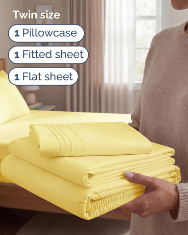 Twin Size 3 Piece Sheet Set - Comfy Breathable & Cooling Sheets - Yellow