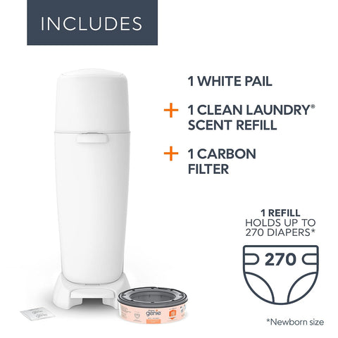 Diaper Genie Complete Diaper Pail (White) – Includes 1 Refill (Holds 270 Newborn Diapers) & 1 Carbon Filter
