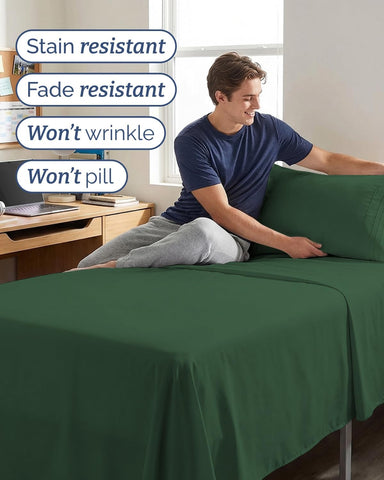 Twin XL 3 Piece Sheet Set - College Dorm Room Essentials - Emerald Green