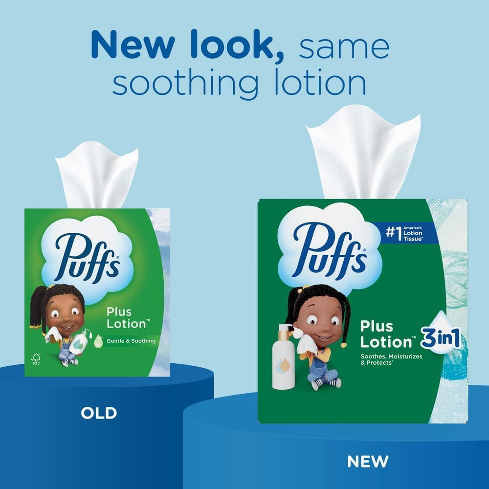 Puffs Facial Tissues Plus Lotion, 24 Family Rectangle Boxes, 124 Facial Tissues per Box, Allergies and Colds (Packaging May Vary)