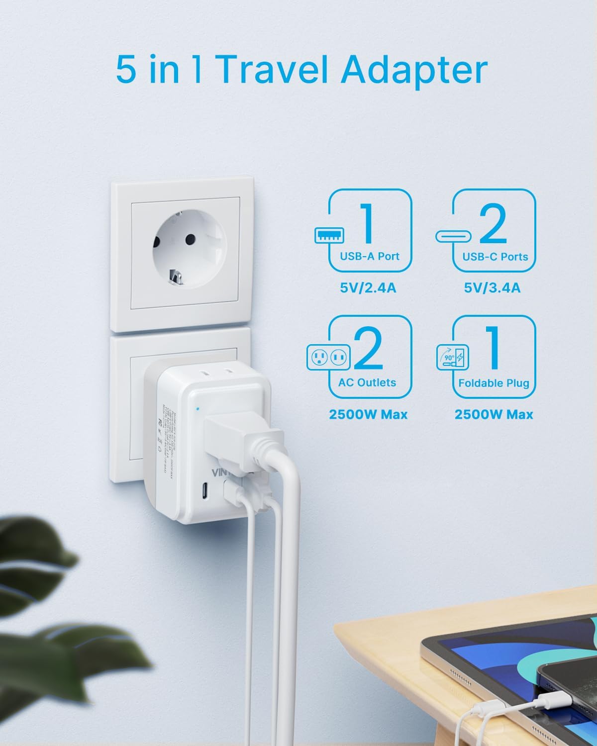 VINTAR 2 Pack European Travel Plug Adapter, Type C Foldable Power Adaptor