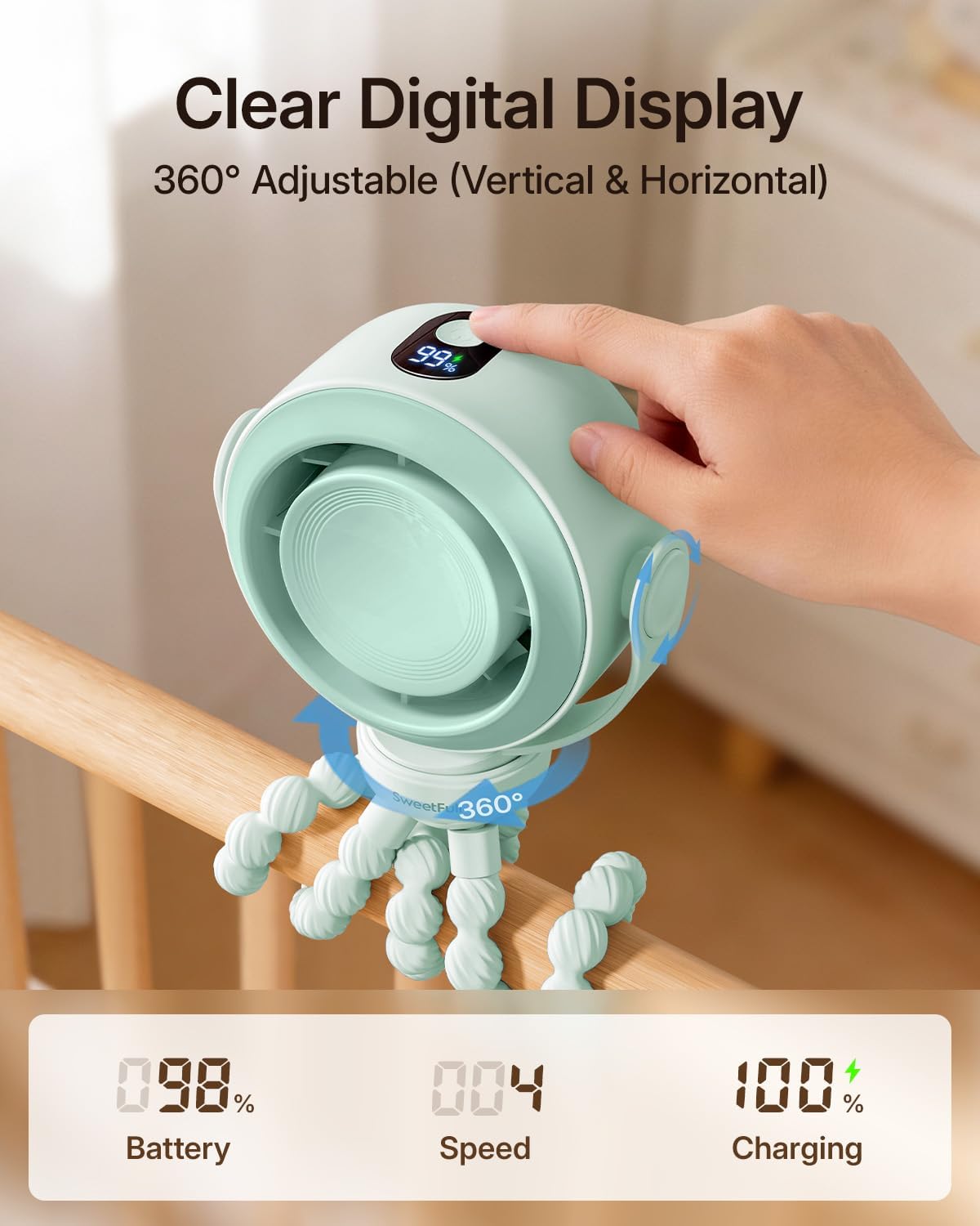 SWEETFULL Portable Stroller Fan, Pinch-Proof Baby Fan - Green