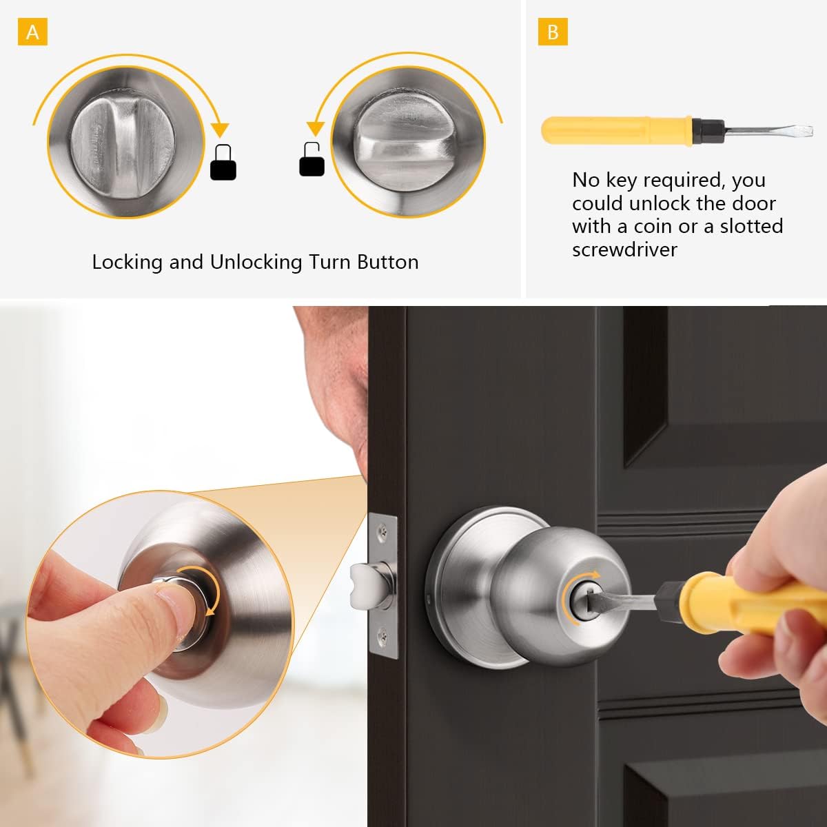 Probrico Interior Door Knobs 4 Pack, Privacy Lock Knob Set Brushed Nickel Finish, Right and Left Handled Round Levers, Modern Hardware for Bedroom Bathroom