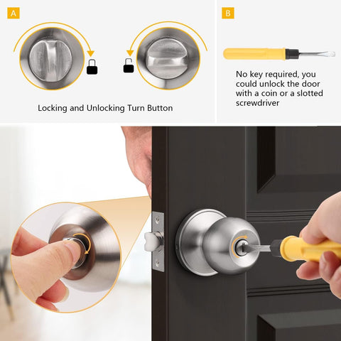 Probrico Interior Door Knobs 4 Pack, Privacy Lock Knob Set Brushed Nickel Finish, Right and Left Handled Round Levers, Modern Hardware for Bedroom Bathroom