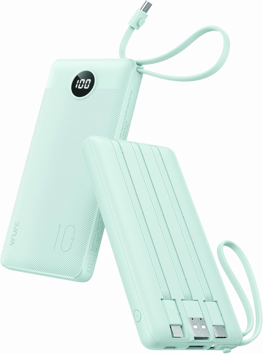 VRURC Portable Charger, Slim Power Bank Built-in 4 Cables, Travel Essential