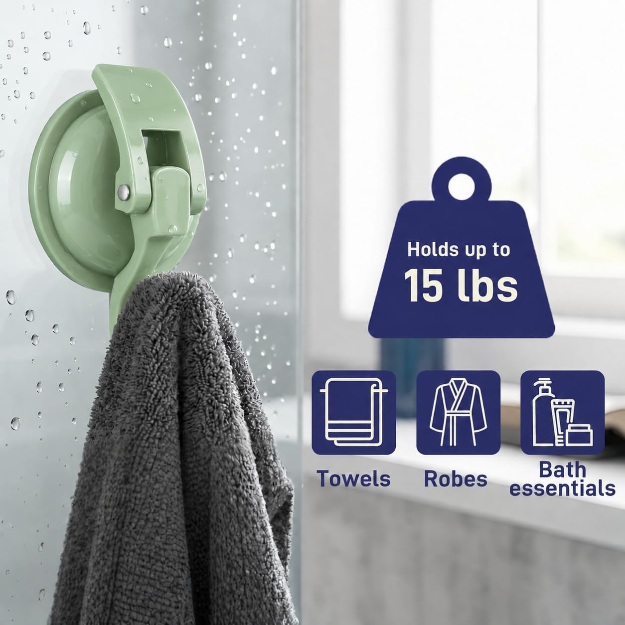 Suction Cup Hooks 15 lb, No Drill Shower Hooks, Green, 1 Pack