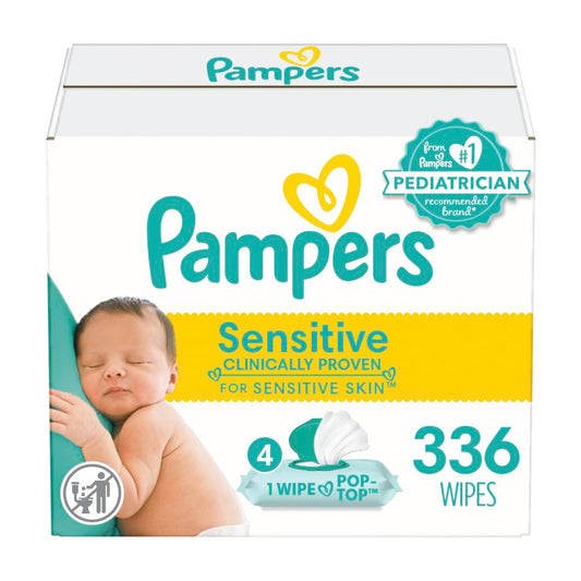 Pampers Sensitive Baby Wipes, Water Based, Hypoallergenic and Unscented, 4 Flip-Top Packs (336 Wipes Total) [Packaging May Vary]