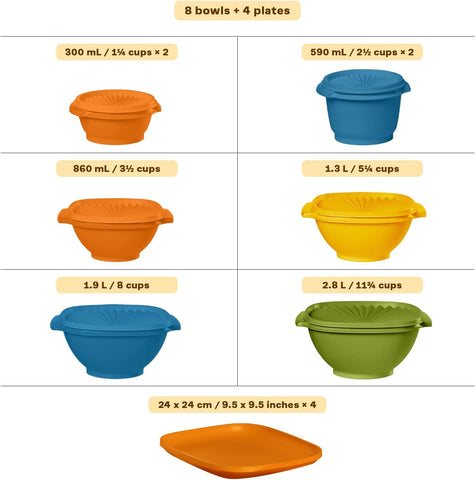 Tupperware Heritage 20-Piece Retro Set (4 Plates, 8 Containers, 8 Lids)