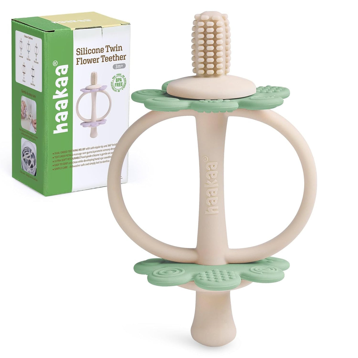 Haakaa Silicone Baby Teething Toys for 3M+ Babies, Easy to Grip, Pea Green