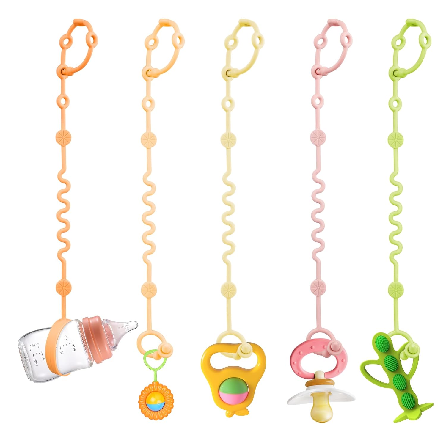 LittleHugs Toy Straps for Baby, 5pcs Adjustable Toy Holder for Stroller Accessories, Silicone Tether Pacifier Clip, No Throw Travel Essential Leash for High Chair, Car Seat (5 Pack Macaron)
