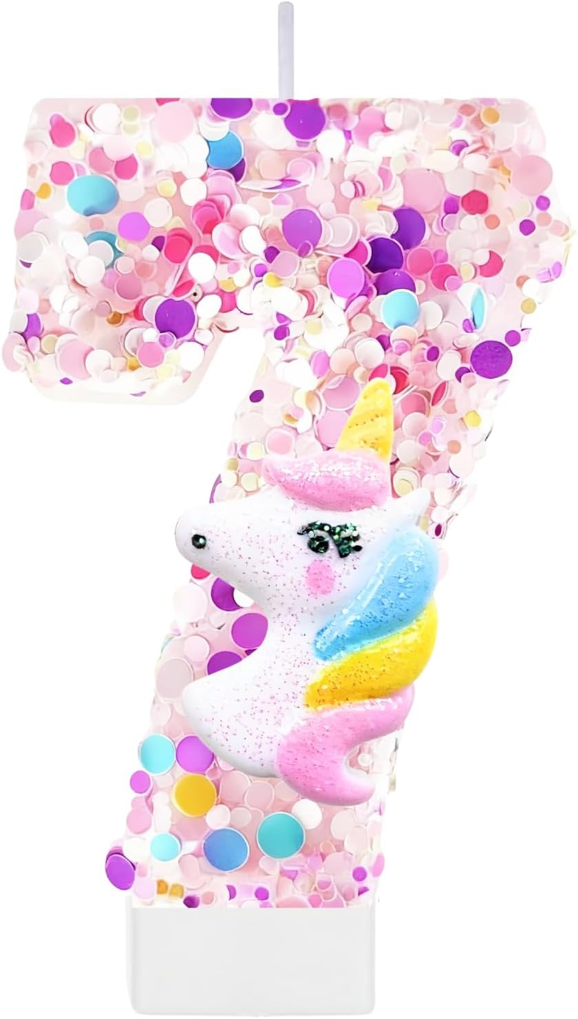 Unicorn Birthday Number Candles for Cake, Pink Number 7 Candle, Fun Glitter Unicorn Cake Topper, Birthday Decorations Cupcake Topper for Party Supplies