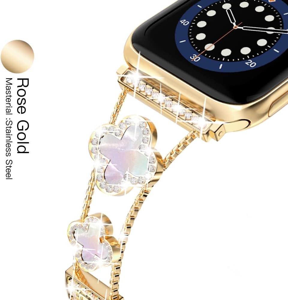 Musk-MSKR Diamond Metal Bands Add Sparkle to Your Watch For Apple Watch Series 11/10/9/8/7/6/5/4/3/2/SE/Ultra Clover Simple and Stylish Compatible with 38mm40mm41mm42mm44mm45mm 46mm49mm Women's Wear