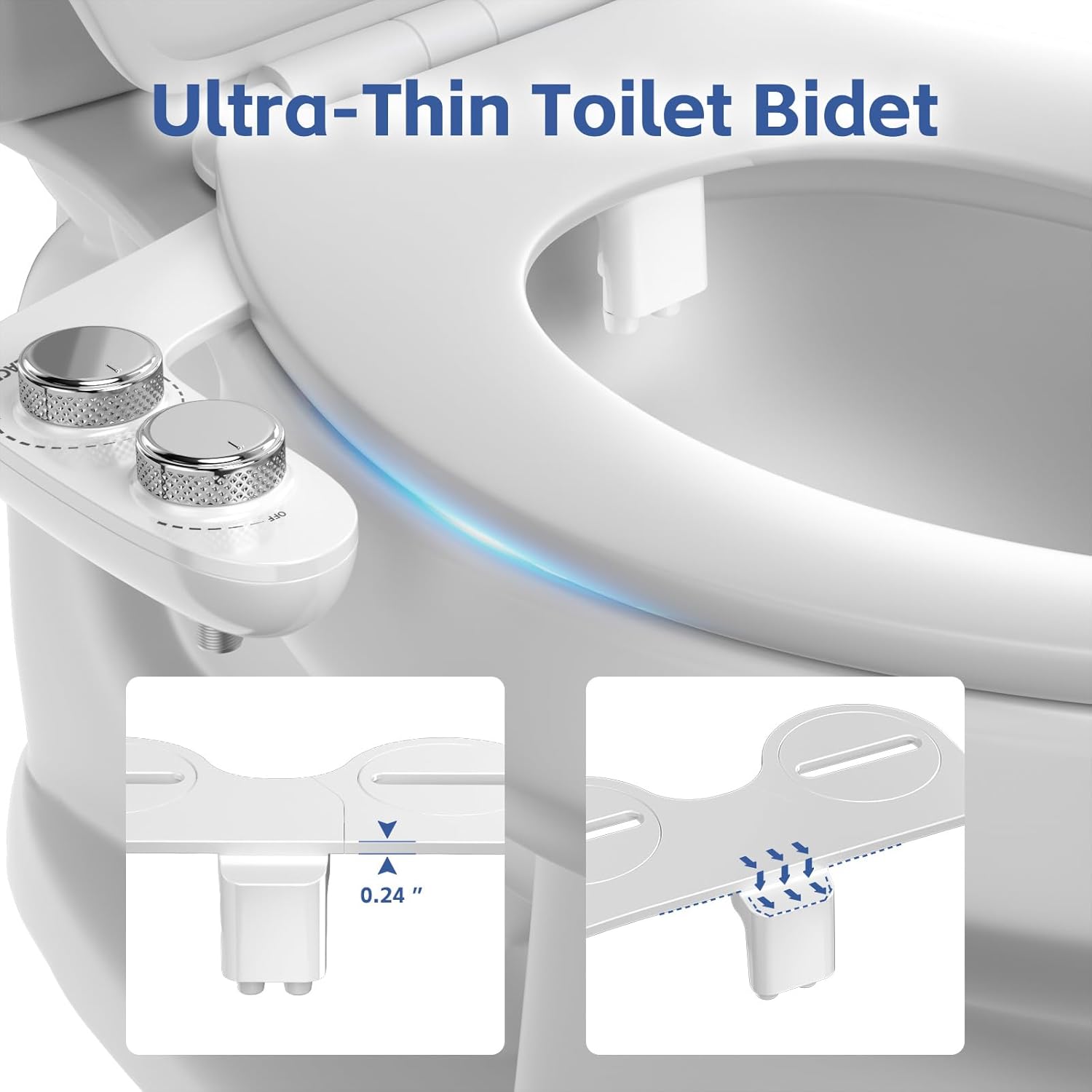 WATERLACE Ultra-Slim Bidet Attachment for Toilet - Dual Nozzle, Rear & Feminine Wash, Self-Cleaning, Adjustable Cold Water Pressure, Non-Electric Bidet Toilet Seat for Bathroom, Easy Install (Chrome)