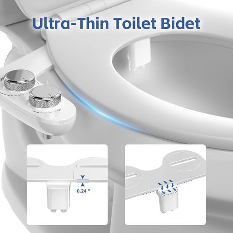 WATERLACE Ultra-Slim Bidet Attachment for Toilet - Dual Nozzle, Rear & Feminine Wash, Self-Cleaning, Adjustable Cold Water Pressure, Non-Electric Bidet Toilet Seat for Bathroom, Easy Install (Chrome)