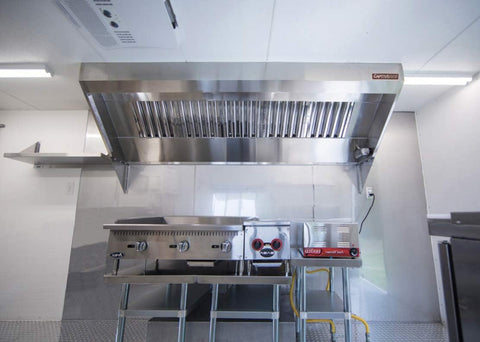 Food Truck Low Profile Exhaust Hood System Includes a stainless steel exhaust hood, an exhaust fan, an adjustable duct section, and installation hardware (5' Long Hood & Fan)