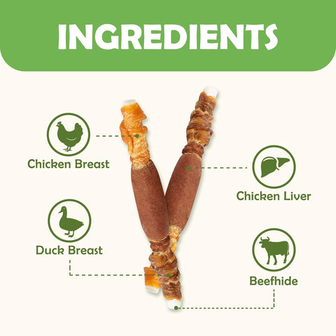 MON2SUN Dog Treats, 5 Inch Triple Flavor Wrapped Rawhide Sticks, 31.75 oz