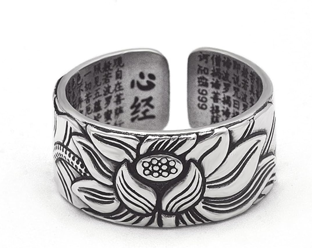 Vintage Silver Feng Shui Lotus Ring - Adjustable Heart Sutra Mantra Rings for Women Men, Protection Wealth Lucky Ring, Tibetan Buddhist Good Luck Amulet Meditation Gifts