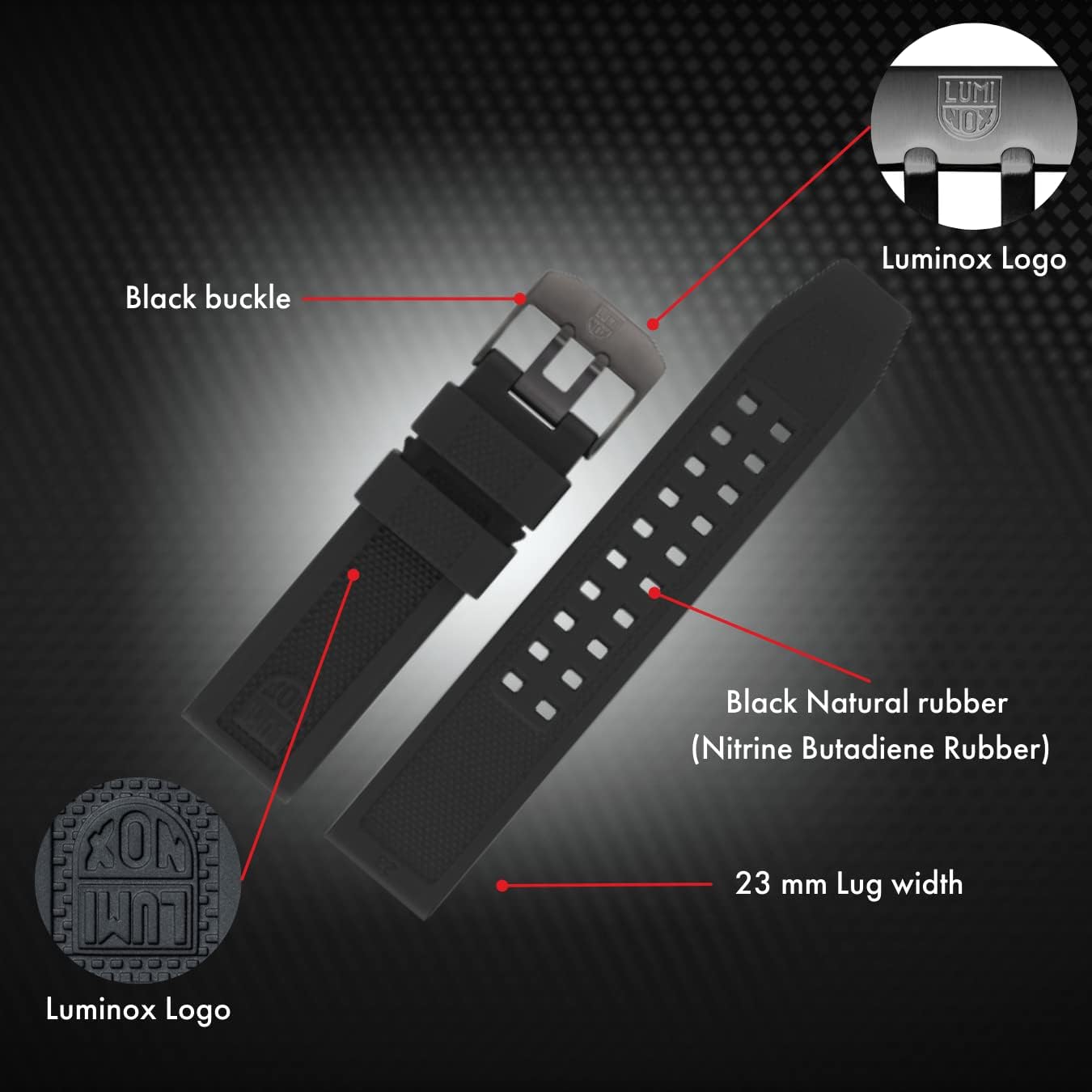 Luminox Watch Strap FPX.3050.20B.2.K - 23mm Black Rubber Watch Band with Stainless Steel Buckle for 3050 3051 3080 3081 8820 8821 8822, black/grey, Strap.