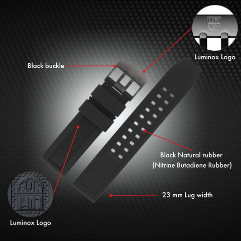 Luminox Watch Strap FPX.3050.20B.2.K - 23mm Black Rubber Watch Band with Stainless Steel Buckle for 3050 3051 3080 3081 8820 8821 8822, black/grey, Strap.