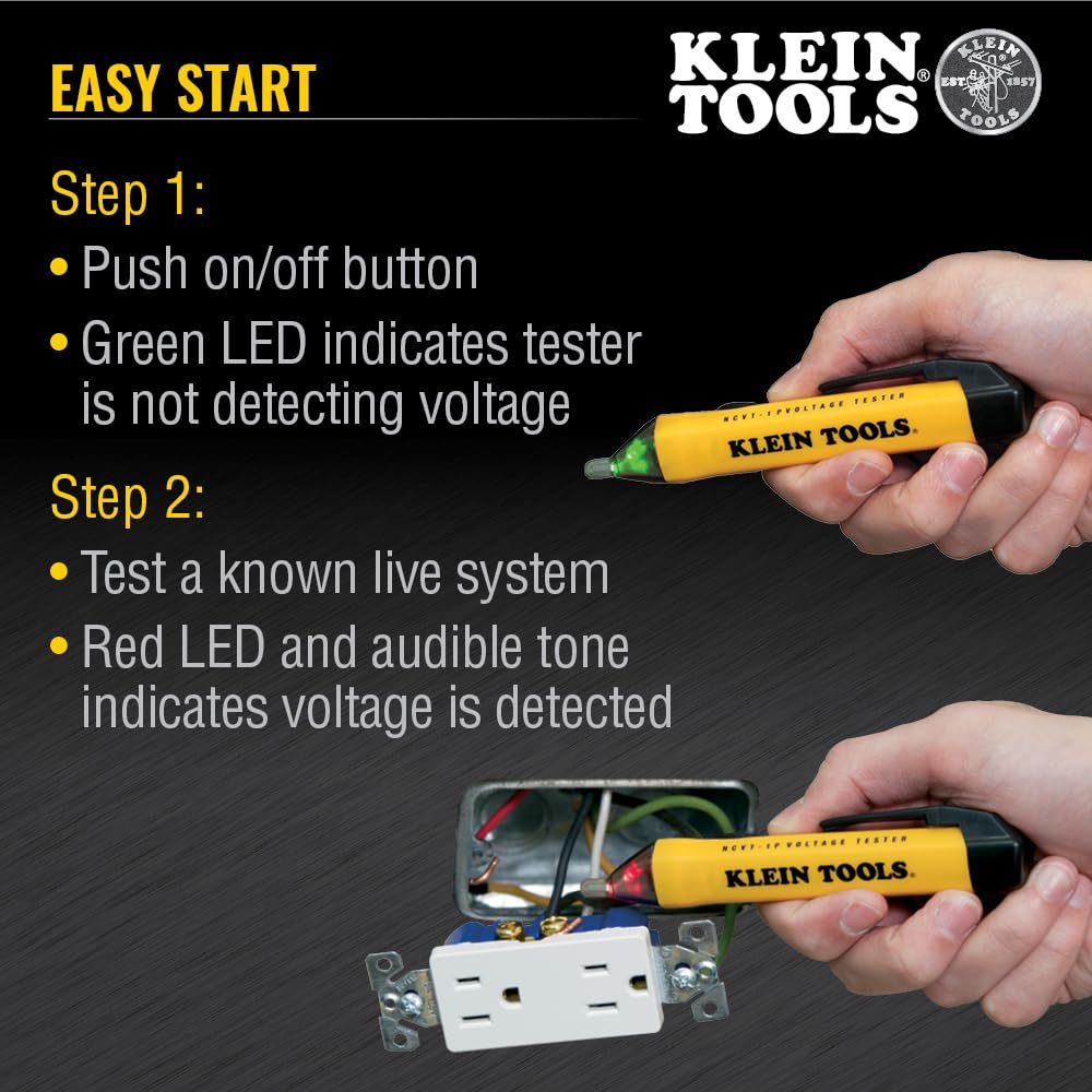 Klein Tools NCVT1P Voltage Tester, Non-Contact Low Voltage Tester Pen, 50V to 1000V AC, Audible and Flashing LED Alarms, Pocket Clip