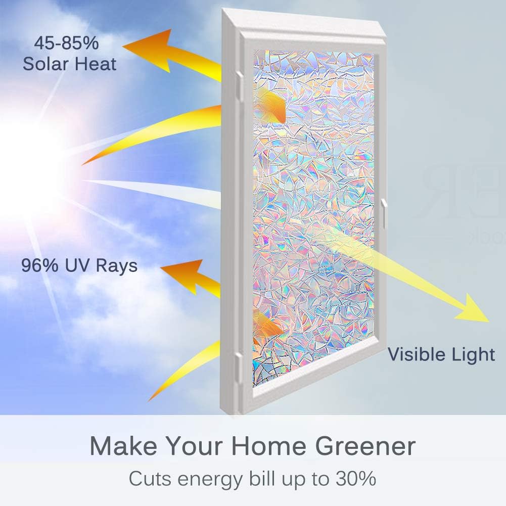 Volcanics Window Privacy Film, Stained Glass Rainbow Cling, 23.6" x 78.7"
