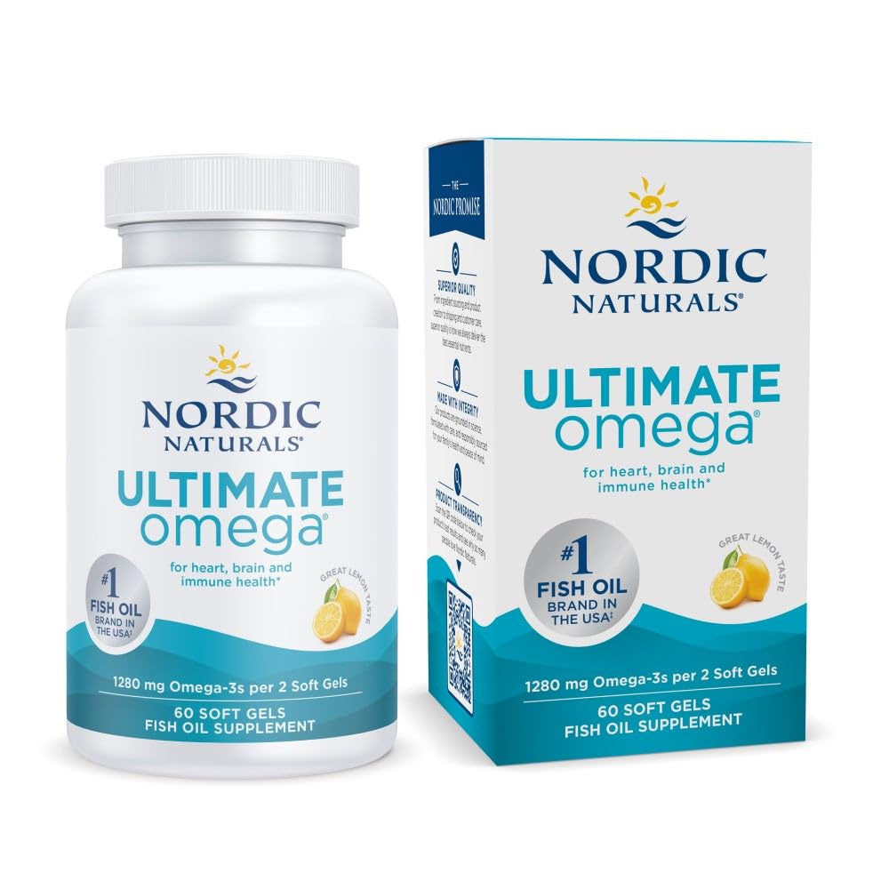 Nordic Naturals Ultimate Omega, Lemon Flavor - 60 Soft Gels - 1280 mg Omega-3 - High-Potency Omega-3 Fish Oil Supplement with EPA & DHA - Promotes Brain & Heart Health - Non-GMO - 30 Servings