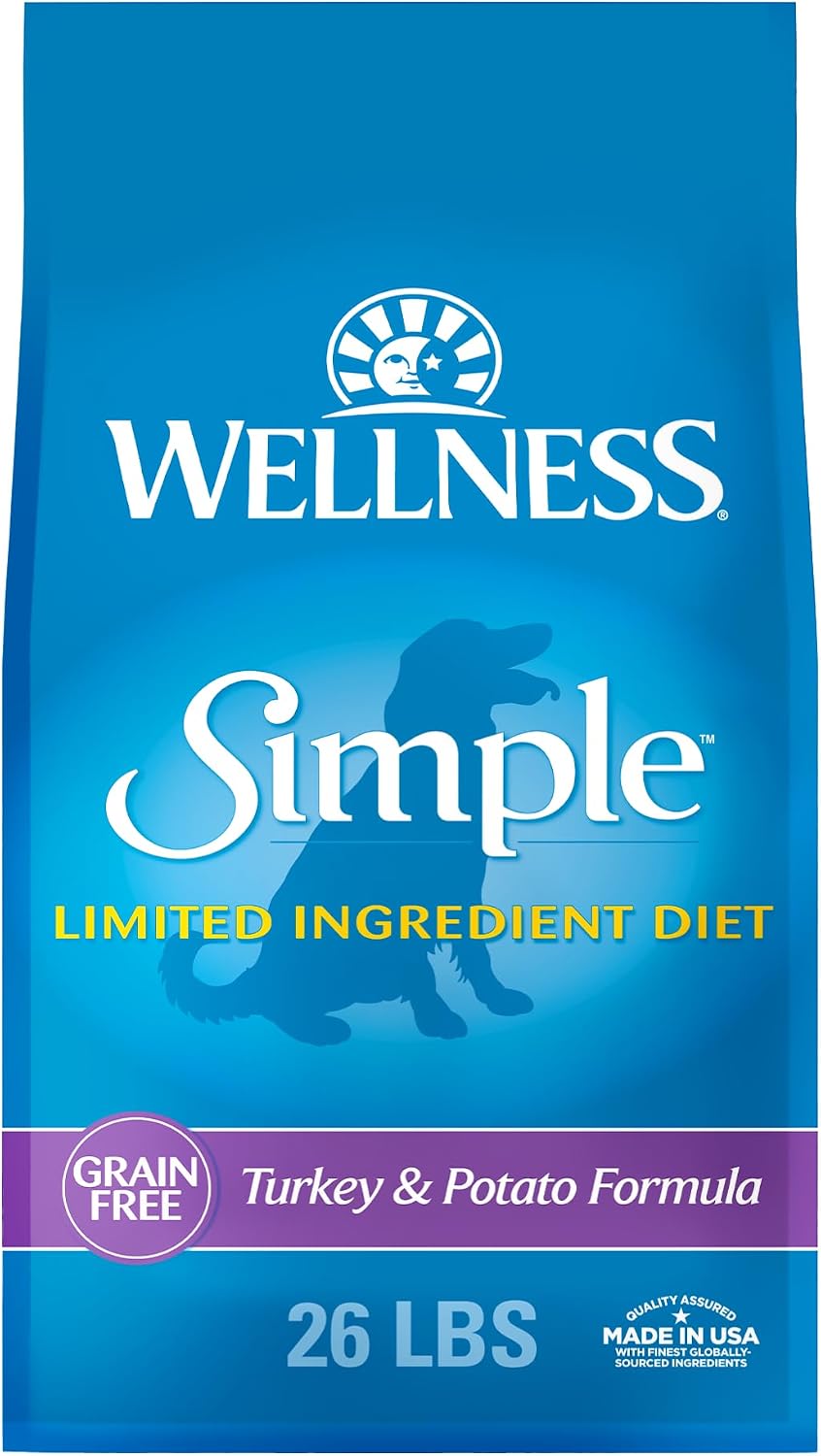 Wellness Simple Limited Ingredient Adult Dry Dog Food, Grain Free Kibble, Sensitive Stomach, Skin & Coat Support, Natural, Chicken Free, Turkey and Potato Recipe, 26 lb Bag