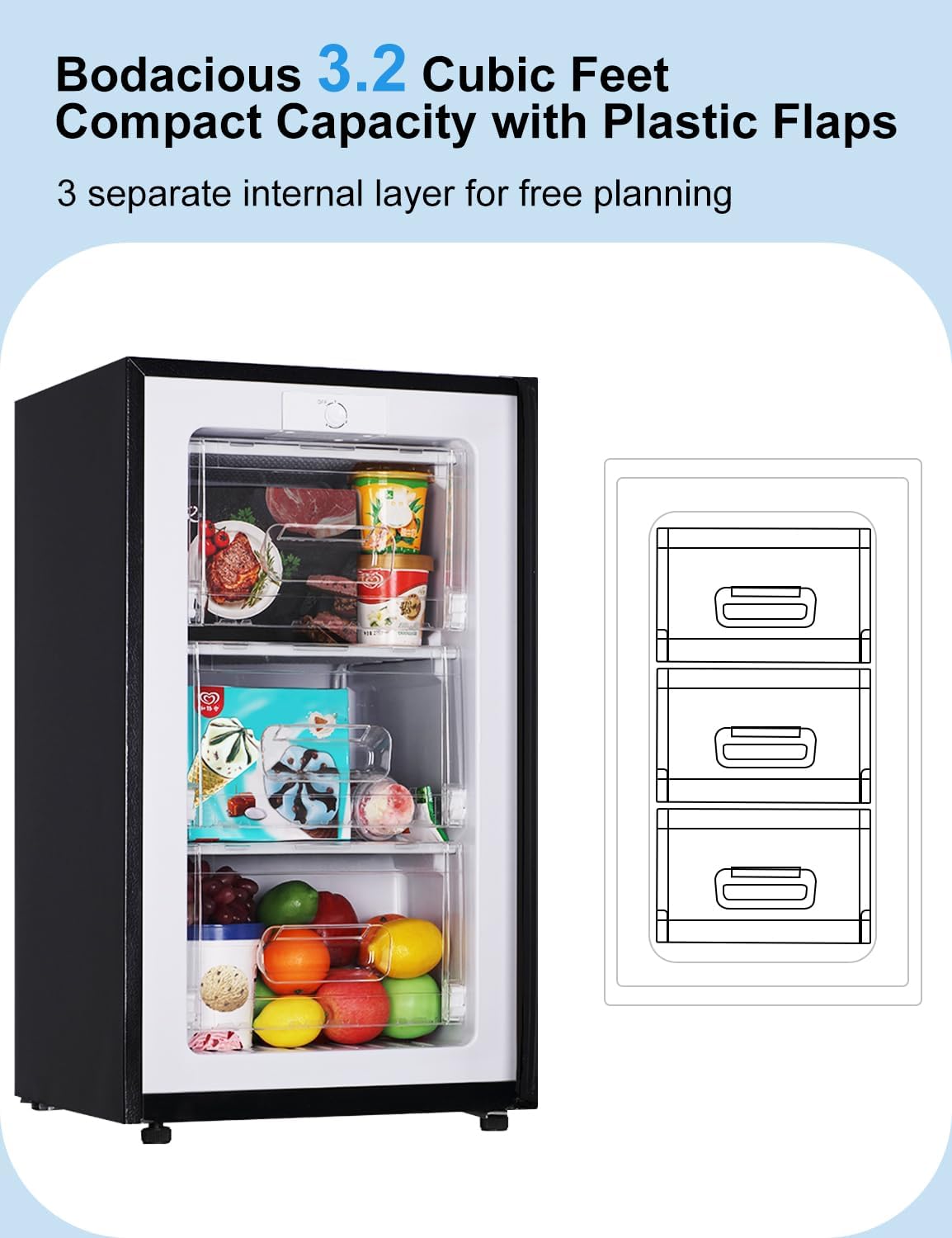 BODACIOUS 3.2 Cu.Ft Mini Freezer - Compact Upright Small Freezer - Silver