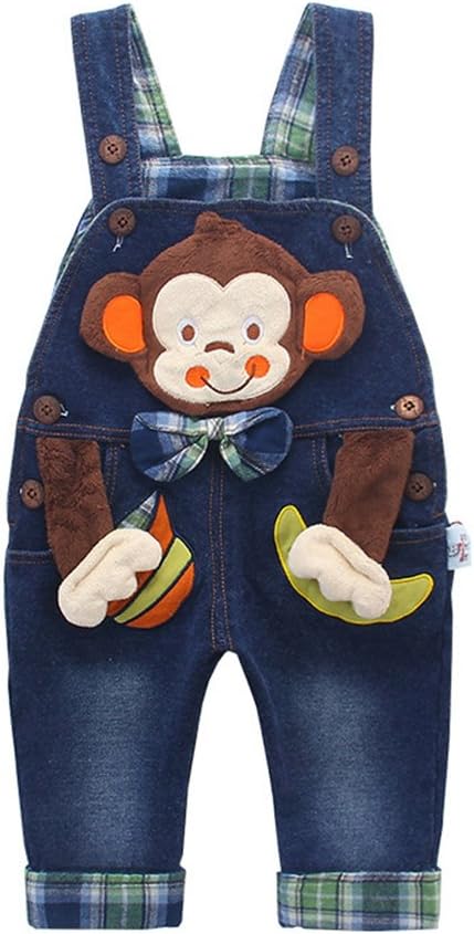 KIDSCOOL Baby Girls Boys Denim Overalls 3D Monkey Plaid Toddler Rompers
