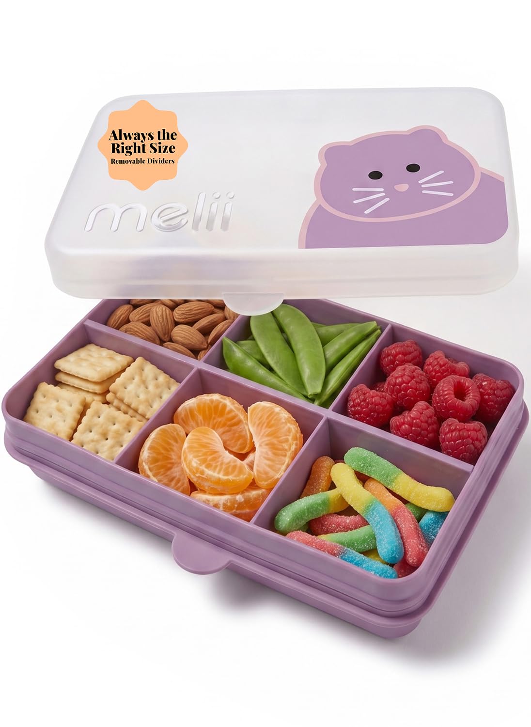 melii Snackle Box | 6-Compartment Divided Snack Container, BPA-Free Food Storage with Removable Dividers for School, Travel & On-the-Go Snacking Purple Cat