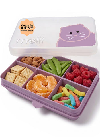 melii Snackle Box | 6-Compartment Divided Snack Container, BPA-Free Food Storage with Removable Dividers for School, Travel & On-the-Go Snacking Purple Cat