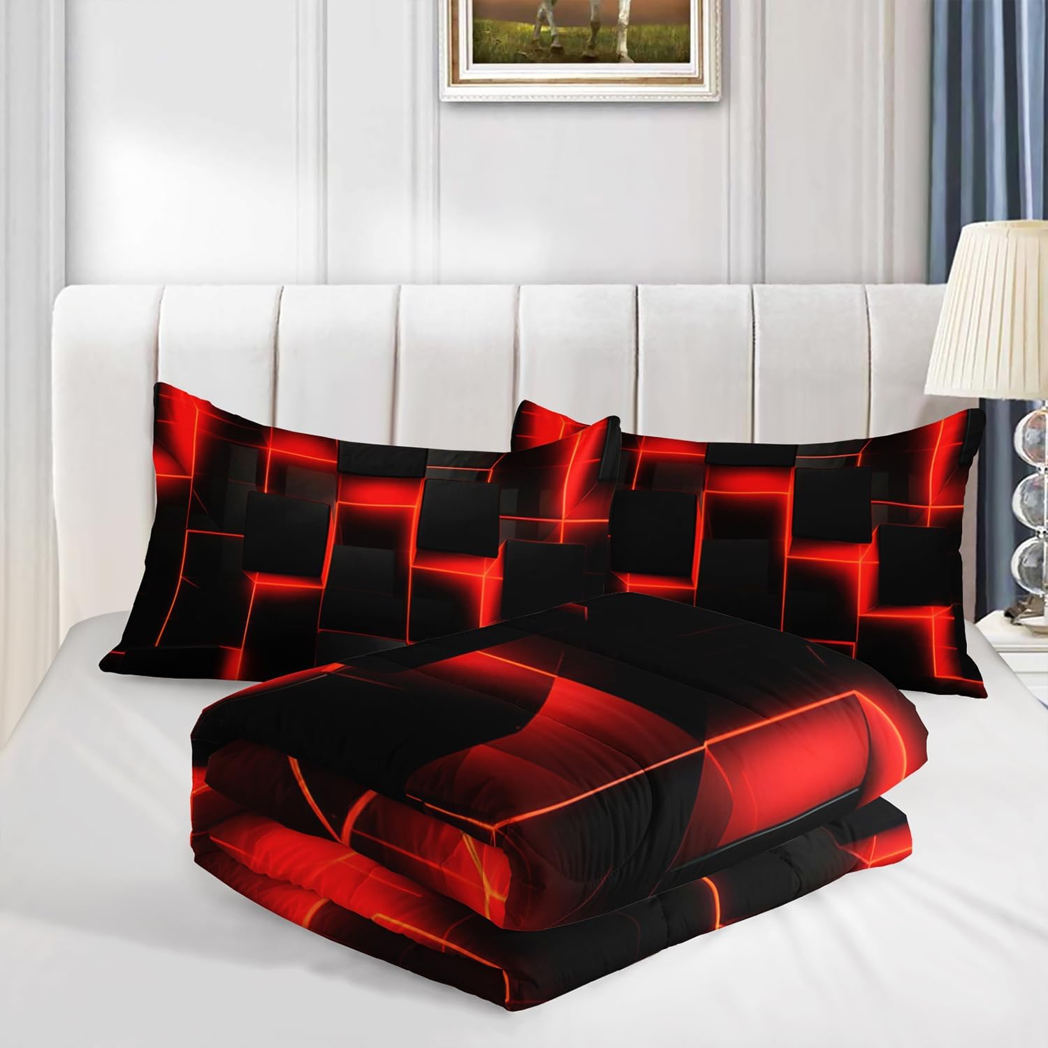 HOSIMA Red Black Geometric Honeycomb Queen Comforter with 2 Pillowcases.