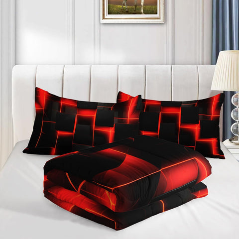 HOSIMA Red Black Geometric Honeycomb Queen Comforter with 2 Pillowcases.