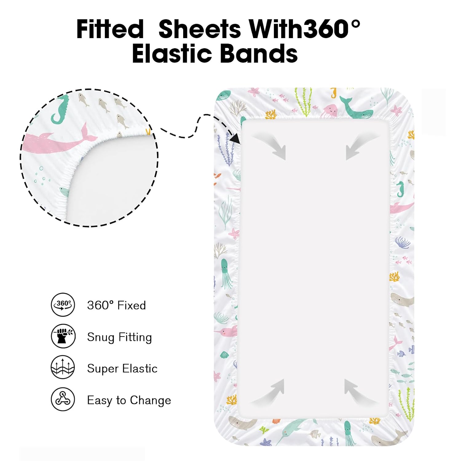 Bimocosy Pack and Play Sheets Fitted 4 Pack, 38 x 26 Inch Pack n Play Mini Crib Sheets for Boys and Girls, Soft Stretchy Playard Mattress Sheets for Graco Pack n Play, Ocean World