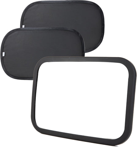 Funbliss Baby Car Mirror + 2-Pack Car Window Shades Bundle -100% Shatterproof, Wide Angle Convex