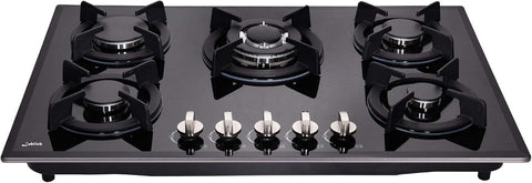 30-inch 5-Burner Built-in Gas Cooktop with Tempered Glass & Cast Iron Grates - LW5G01 (LPG/NG Convertible, Black)