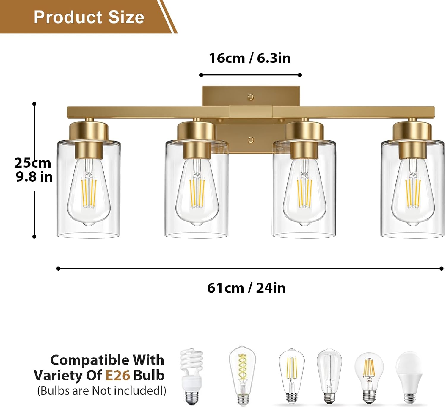 IZORRO Bathroom Light Fixtures, Modern Vanity Lights, Bathroom Lighting Fixtures Over Mirror with Clear Glass Shade, Wall Sconce for Living Room Cabinet Bedroom (Brushed Gold, 4-Light)