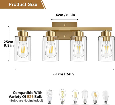 IZORRO Bathroom Light Fixtures, Modern Vanity Lights, Bathroom Lighting Fixtures Over Mirror with Clear Glass Shade, Wall Sconce for Living Room Cabinet Bedroom (Brushed Gold, 4-Light)