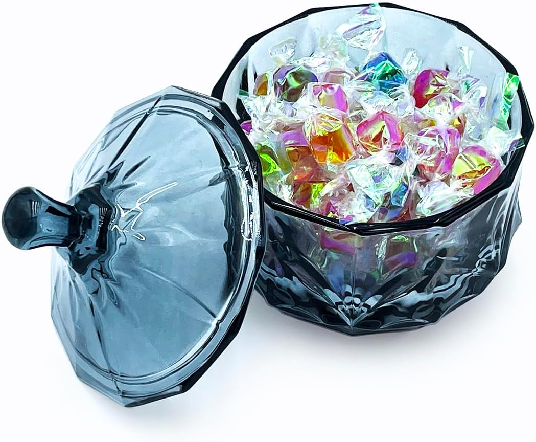 8oz Glass Candy Dish with Lid,Small Crystal Candy Jar,Apothecary Jar for Cotton Balls,Q Tips, Small Accessories,Office,Bathroom,Dining Room Organizer(Gray)