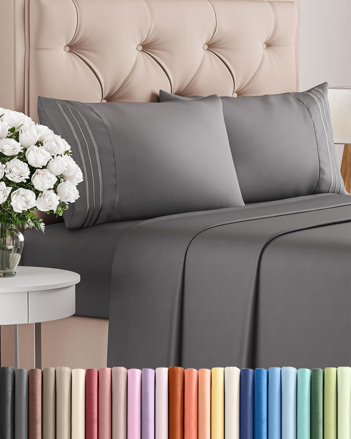 Full Size 4 Piece Sheet Set - Comfy Breathable & Cooling Sheets - Dark Grey