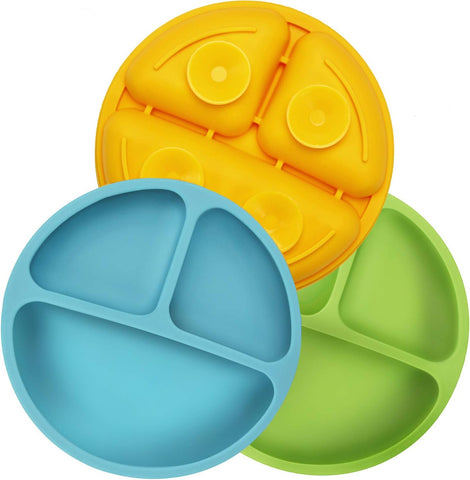 PandaEar 3 Pack Toddler Plates, Silicone Divided Suction Plate for Babies, BPA-Free 100% Food-Grade Silicone Unbreakable Baby Plate (Blue/Green/Yellow)